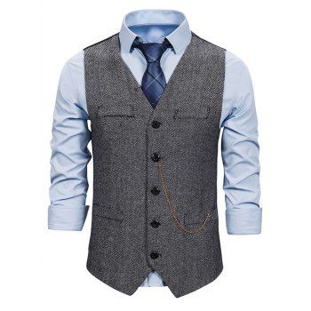 

Tweed Print Waistcoat Single Breasted Mock Pocket Chain Embellishment Suit Vest, Gray