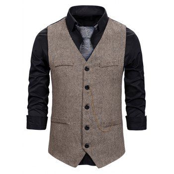 

Tweed Print Waistcoat Single Breasted Mock Pocket Chain Embellishment Suit Vest, Dark khaki