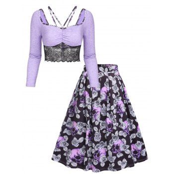 

Flower Sheer Lace Panel Long Sleeve Crop Top And Skull Rose Allover Print A Line Flare Skirt Outfit, Light purple