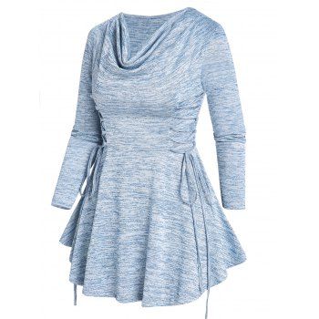 

Space Dye T Shirt Lace Up Cowl Neck T Shirt Draped Long Sleeve Skirted Tee, Light blue