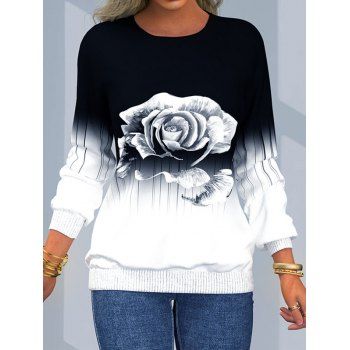 

Ombre Flower Stripe Print Sweatshirt Long Raglan Sleeve Round Neck Sweatshirt, Black