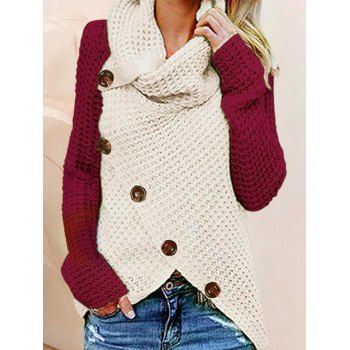 Contrast Colorblock Sweater Mock Button Asymmetrical Hem Crochet Sweater