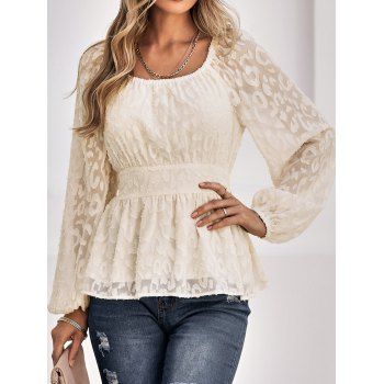 

Jacquard Blouse Shirred High Waisted Long Sleeve Solid Color Casual Blouse, Light yellow