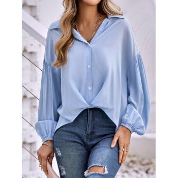 

Drop Shoulder Pure Color Shirt Long Sleeve Button Up High Low Shirt, Light blue