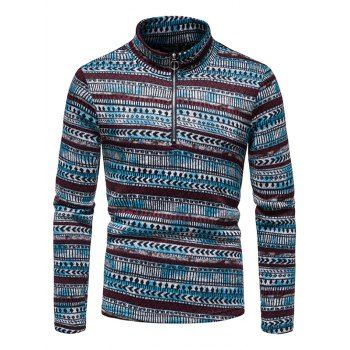 

Printed Sweater Ethnic Style Sweater Zipper Casual Long Sleeve Sweater, Blue
