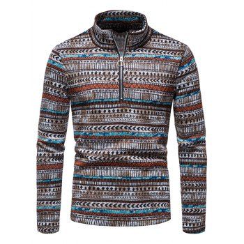 

Printed Sweater Ethnic Style Sweater Zipper Casual Long Sleeve Sweater, Brown