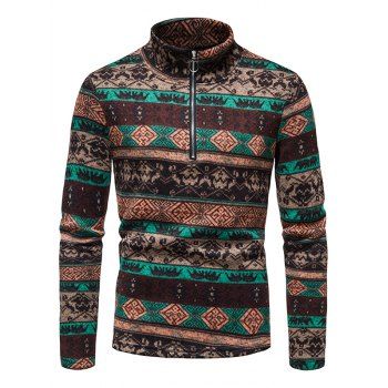 

Ethnic Style Sweater Printed Sweater Zipper Pullover Long Sleeve Sweater, Coffee