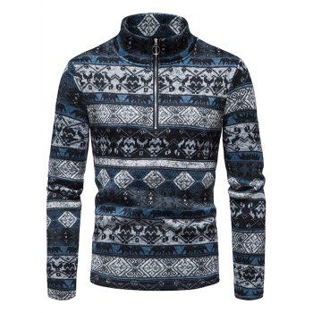 

Ethnic Style Sweater Printed Sweater Zipper Pullover Long Sleeve Sweater, Blue