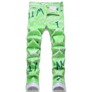 

Letter Print Jeans Tie Dye Zipper Fly Pockets Straight Leg Denim Pants, Green