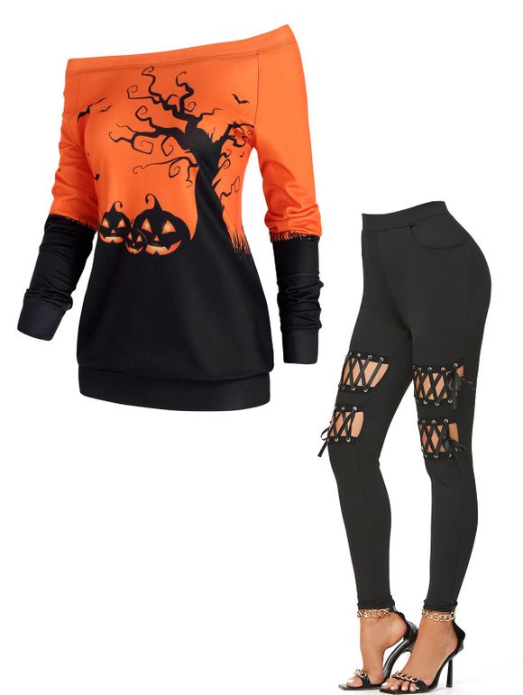 Ensemble de Sweat-shirt D'Halloween Motif de Citrouille avec Multi-œillet et Legging à Lacets - multicolor S