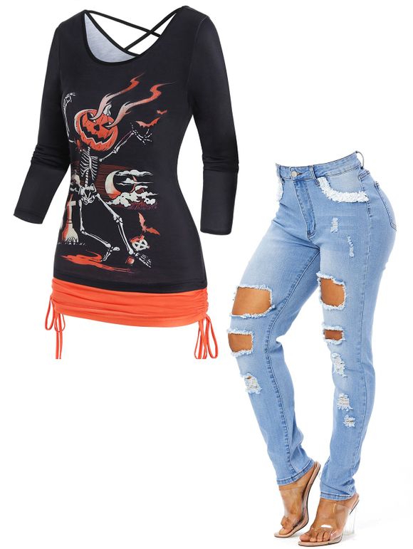 Halloween Pumpkin Skeleton Print Colorblock Cinched Ruched Faux Twinset T-shirt And Ripped Light Wash Skinny Jeans Outfit - multicolor S