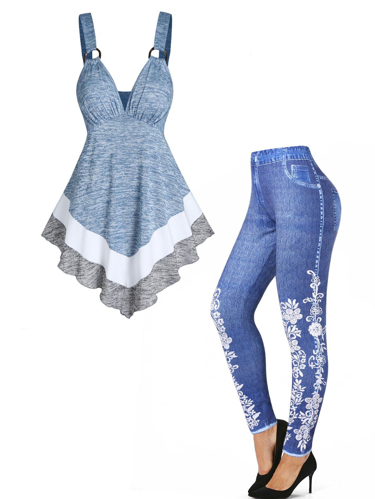 Space Sye Print Colorblock O Ring Plunge Tank Top And Flower Faux Jeans 3D Print Skinny Jeggings Outfit - BLUE S