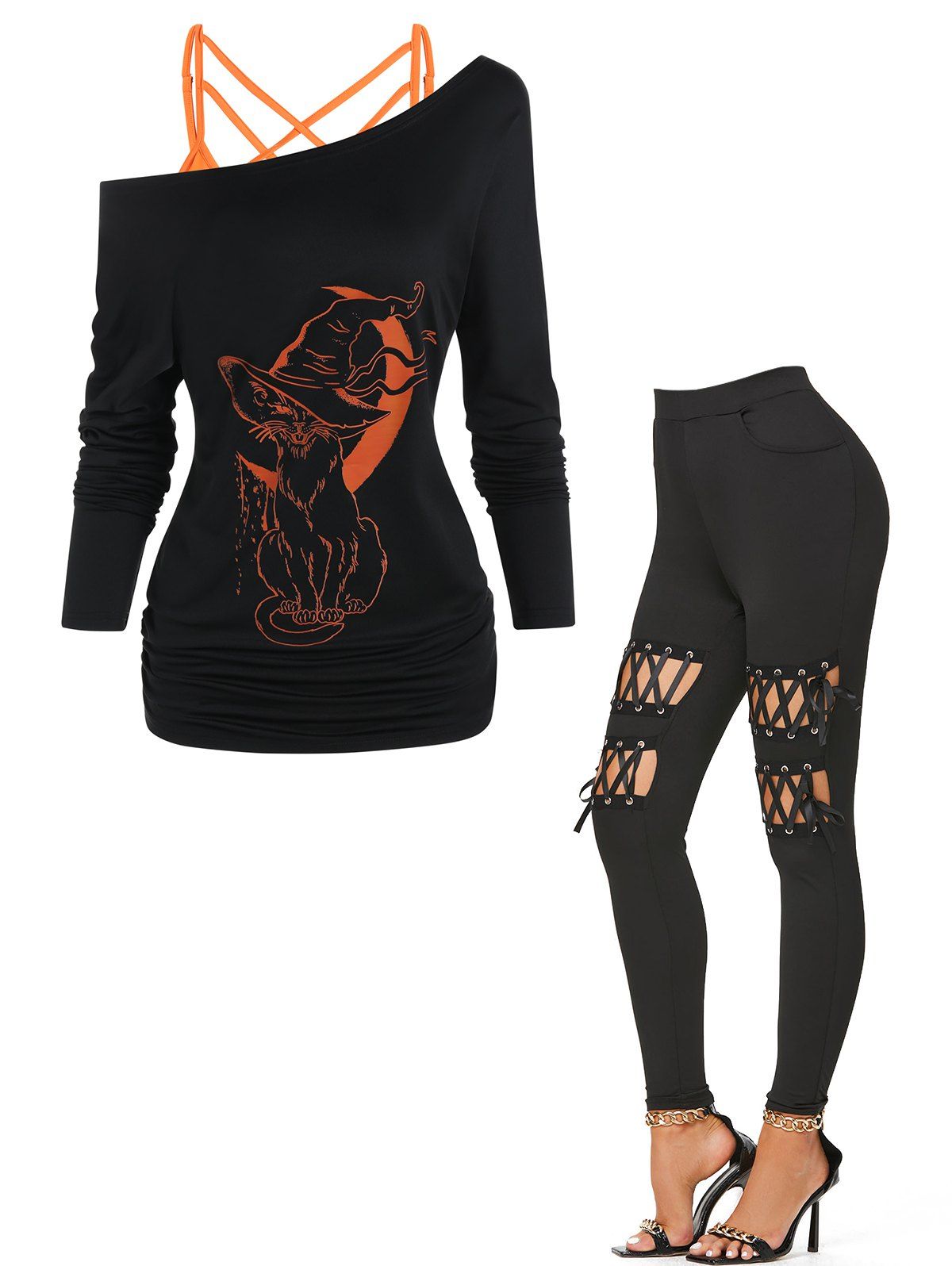 Crisscross Cami Top Moon Cat Witch Print Long Sleeve T-shirt Halloween Top And Lace Up High Rise Leggings Outfit - BLACK S