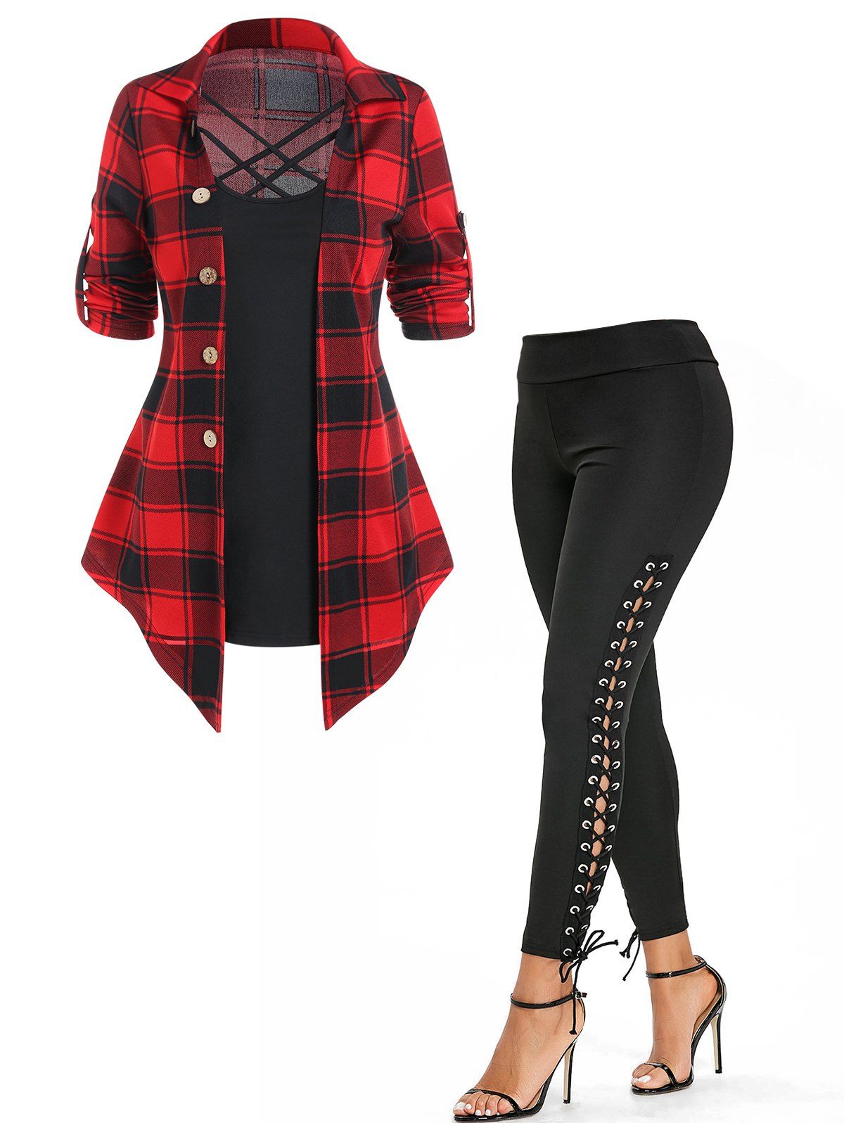 Plaid Print Asymmetric Pointed Hem Mock Button Long Sleeve Faux Twinset T-shirt And Lace Up Skinny Pants Outfit - multicolor S