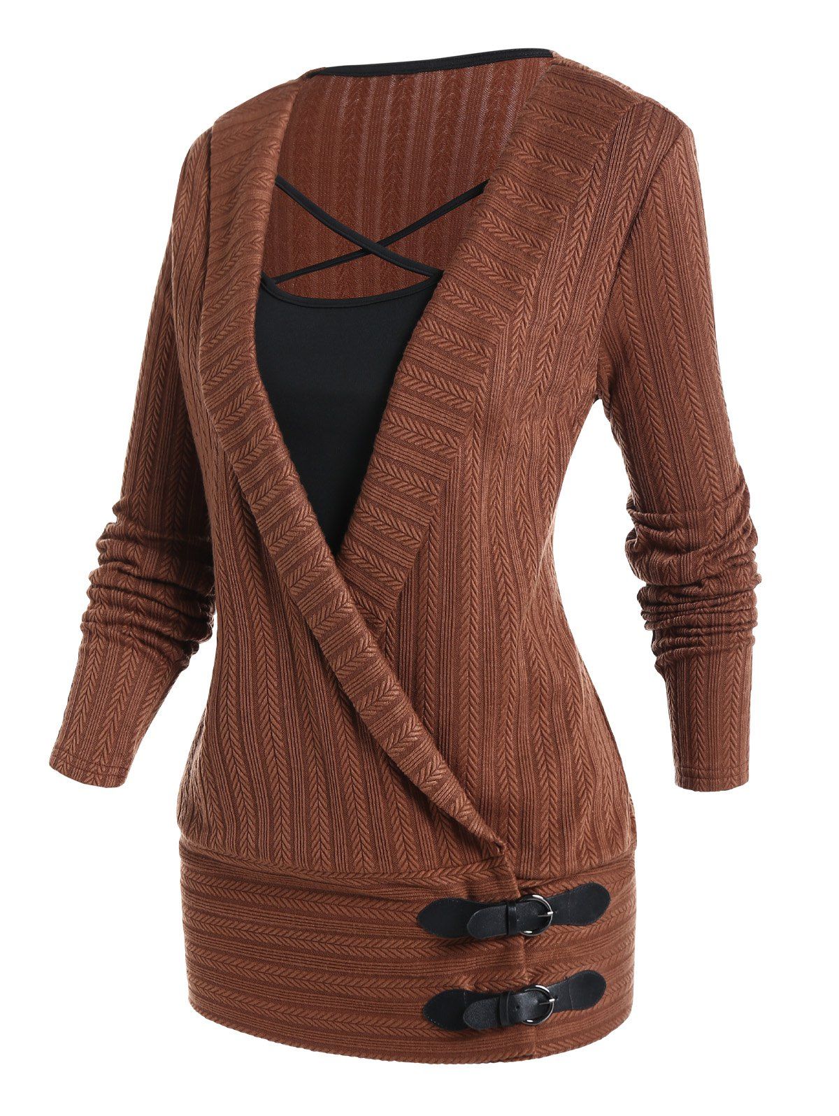 Stripe Leaf Textured Knit Faux Twinset Top Crisscross Buckles Surplice Long Sleeve Knitted 2 In 1 Top - COFFEE XXL