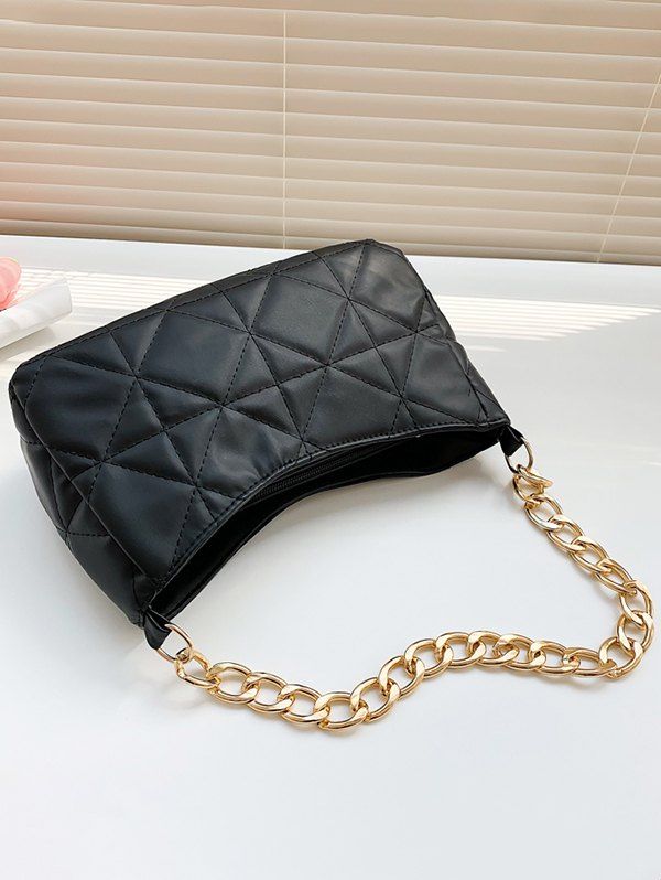 Solid Color Geometric Quilted Zipper Chian Handbag - BLACK 