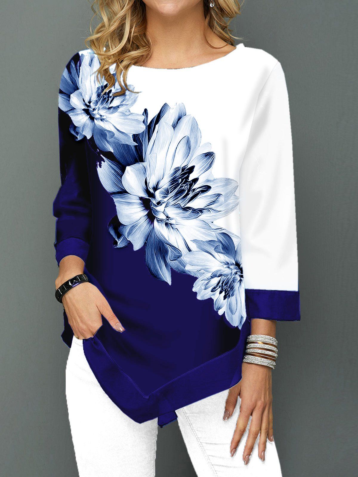 T-shirt Décontracté en Blocs de Couleurs Peinture D'Encre avec Fleur Asymétrique - Bleu XL