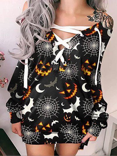 Mini Robe Droite D'Halloween Gothique à Imprimé Toile D'Araignée et Chauve-souris à Lacets - Noir S
