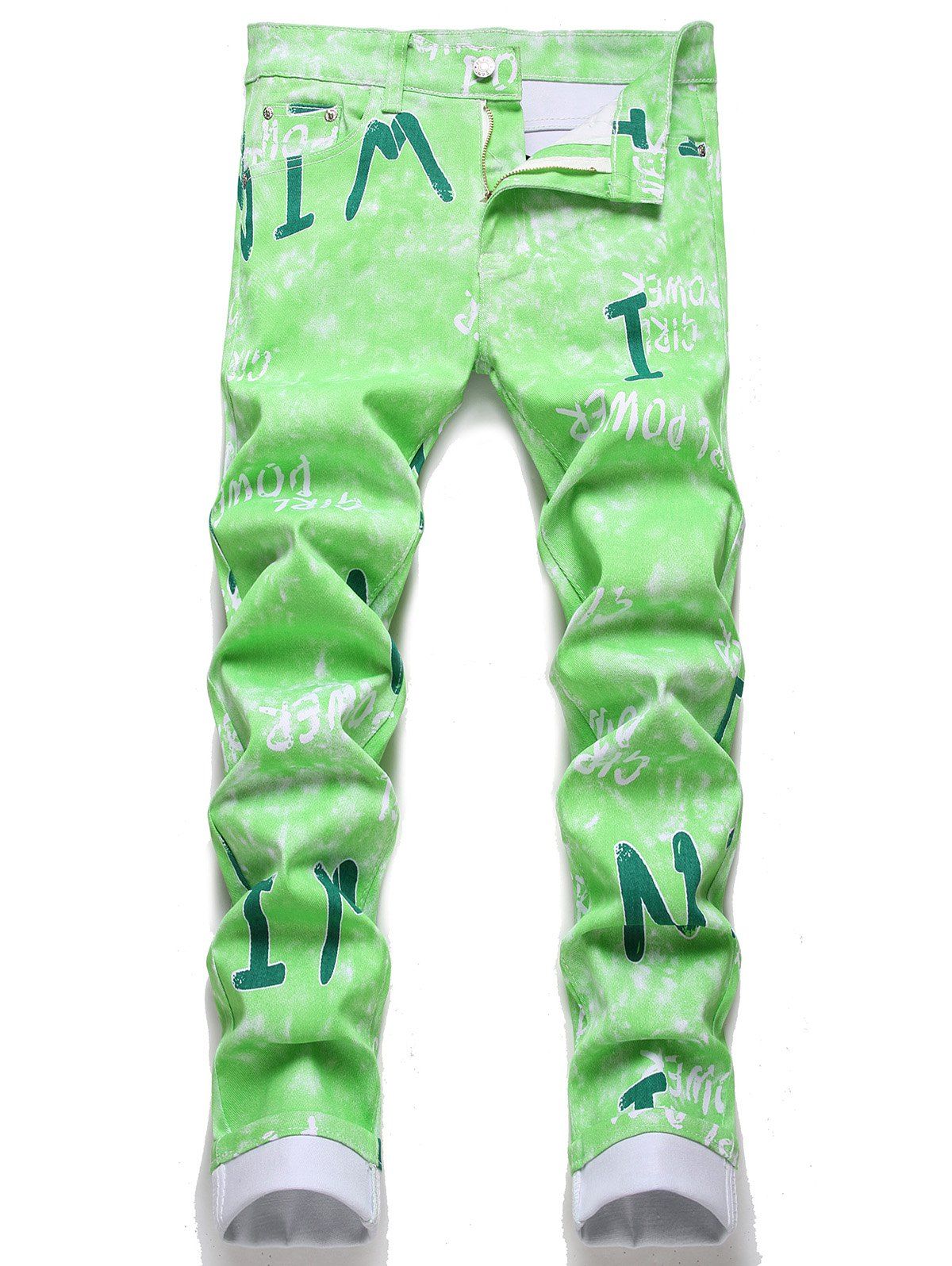 Letter Print Jeans Tie Dye Zipper Fly Pockets Straight Leg Denim Pants - GREEN 38