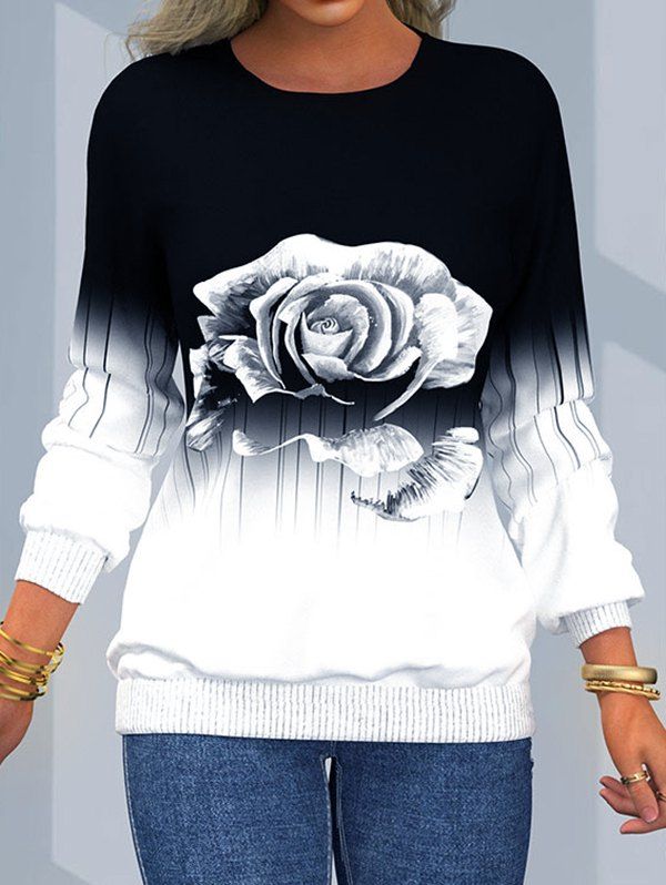Ombre Flower Stripe Print Sweatshirt Long Raglan Sleeve Round Neck Sweatshirt - BLACK 3XL