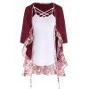 Colorblock Asymmetric Flower Print Frill Lattice Combo T Shirt And Lace Up Crop Leggings Casual Outfit - multicolor S
