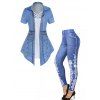T-shirt Décontracté à Imprimé 3D Fleur et Costume Croisé et Legging en Faux Denim - Bleu S