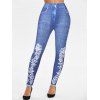 Space Sye Print Colorblock O Ring Plunge Tank Top And Flower Faux Jeans 3D Print Skinny Jeggings Outfit - BLUE S