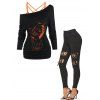 Crisscross Cami Top Moon Cat Witch Print Long Sleeve T-shirt Halloween Top And Lace Up High Rise Leggings Outfit - BLACK S
