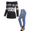Halloween Pumpkin Witch Geometric Graphic Knitted Off The Shoulder Top And Faux Denim 3D Print Panel High Waist Leggings Outfit - multicolor S