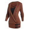 Stripe Leaf Textured Knit Faux Twinset Top Crisscross Buckles Surplice Long Sleeve Knitted 2 In 1 Top - COFFEE M
