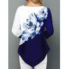 T-shirt Décontracté en Blocs de Couleurs Peinture D'Encre avec Fleur Asymétrique - Bleu 3XL