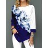 T-shirt Décontracté en Blocs de Couleurs Peinture D'Encre avec Fleur Asymétrique - Bleu 3XL