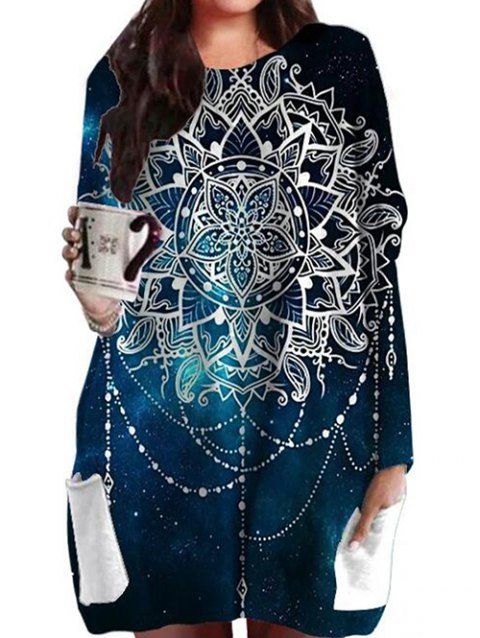 Plus Size Galaxy Flower Print Long Tunic T Shirt Raglan Sleeve Contrast Pocket Patches Loose Tee