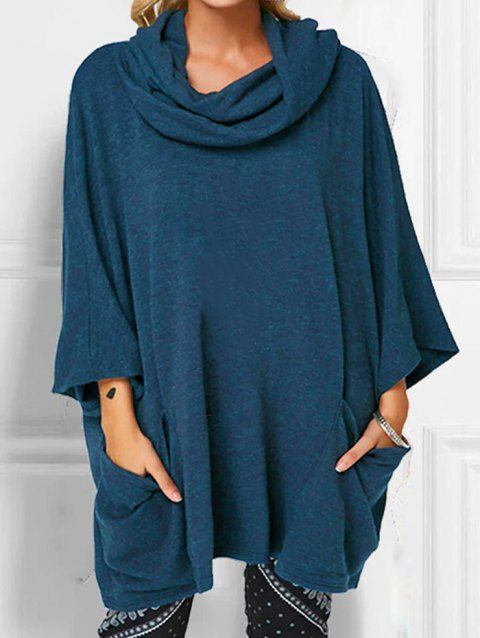 Cowl Neck Knit Top Draped Solid Color Pockets Bat Sleeve Casual Knitwear