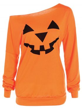 T-shirt D'Halloween Brillant en Couleur Unie Manches Longues à Col Oblique