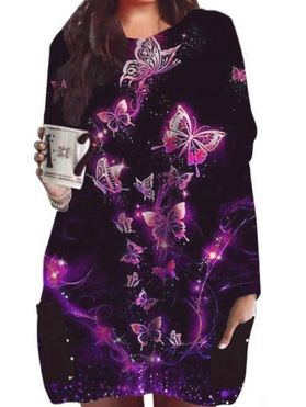Dreamy Butterfly Print Long Tunic T-shirt Raglan Sleeve Front Pockets Loose Tee