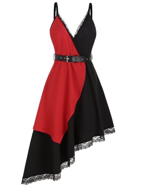 Colorblock Asymmetric Cami Dress Lace Trim Surplice Plunge Midi Dress Adjustable Straps Backless Belted Dress
