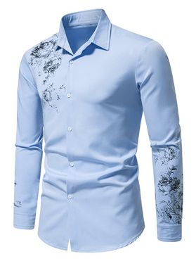 Flower Print Shirt Turndown Collar Button Up Long Sleeve Casual Shirt