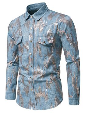 Sparkly Sequins Denim Shirt Pocket Patches Snap Button Long Sleeve Jean Shirt