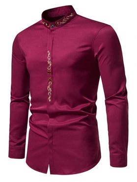 Floral Embroidery Shirt Stand Collar Hiddedn Button Long Sleeve Casual Shirt