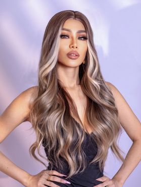Long Middle Part Highlighted Wavy High Resistant Synthetic Wig