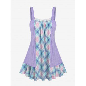 

Plus Size Plaid Patchwork Lace Insert Tank Top, Light purple
