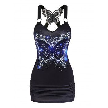 

Sparkly Butterfly Print Tank Top Lace Insert O Ring Straps Ruched Long Tank Top, Black