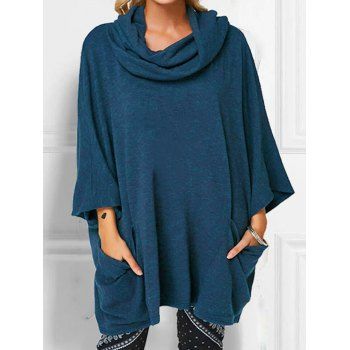 

Cowl Neck Knit Top Draped Solid Color Pockets Bat Sleeve Casual Knitwear, Deep blue