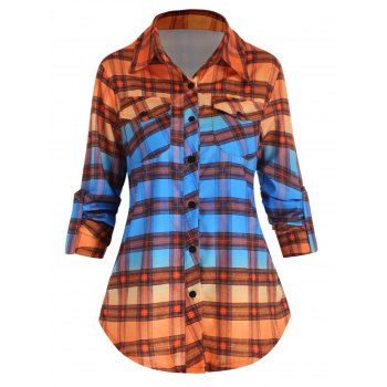 

Ombre Plaid Print Shirt Pocket Patches Curved Hem Shirt Button Up Long Sleeve Shirt, Orange