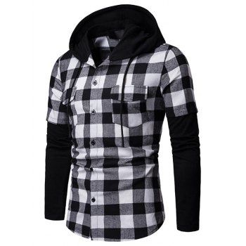 

Plaid Print Shirt Hooded Shirt Front Flap Pocket Long Sleeve Button Up Shirt, Black