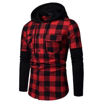 

Plaid Print Shirt Hooded Shirt Front Pocket Long Sleeve Button Up Shirt, Red