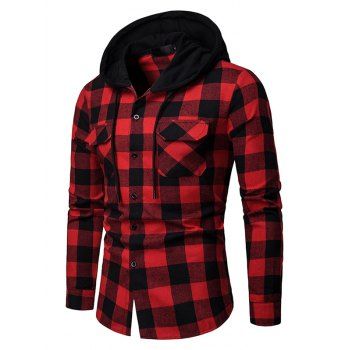 

Hooded Shirt Plaid Print Shirt Front Flap Pocket Drawstring Button Up Long Sleeve Shirt, Red