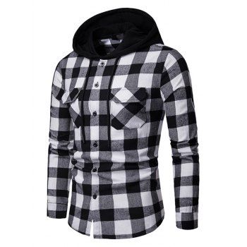 

Hooded Shirt Plaid Print Shirt Front Flap Pocket Drawstring Button Up Long Sleeve Shirt, Black