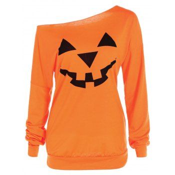 

Halloween T Shirt Grimace Pattern Bright Color Long Sleeve Skew Neck Tee, Dark orange